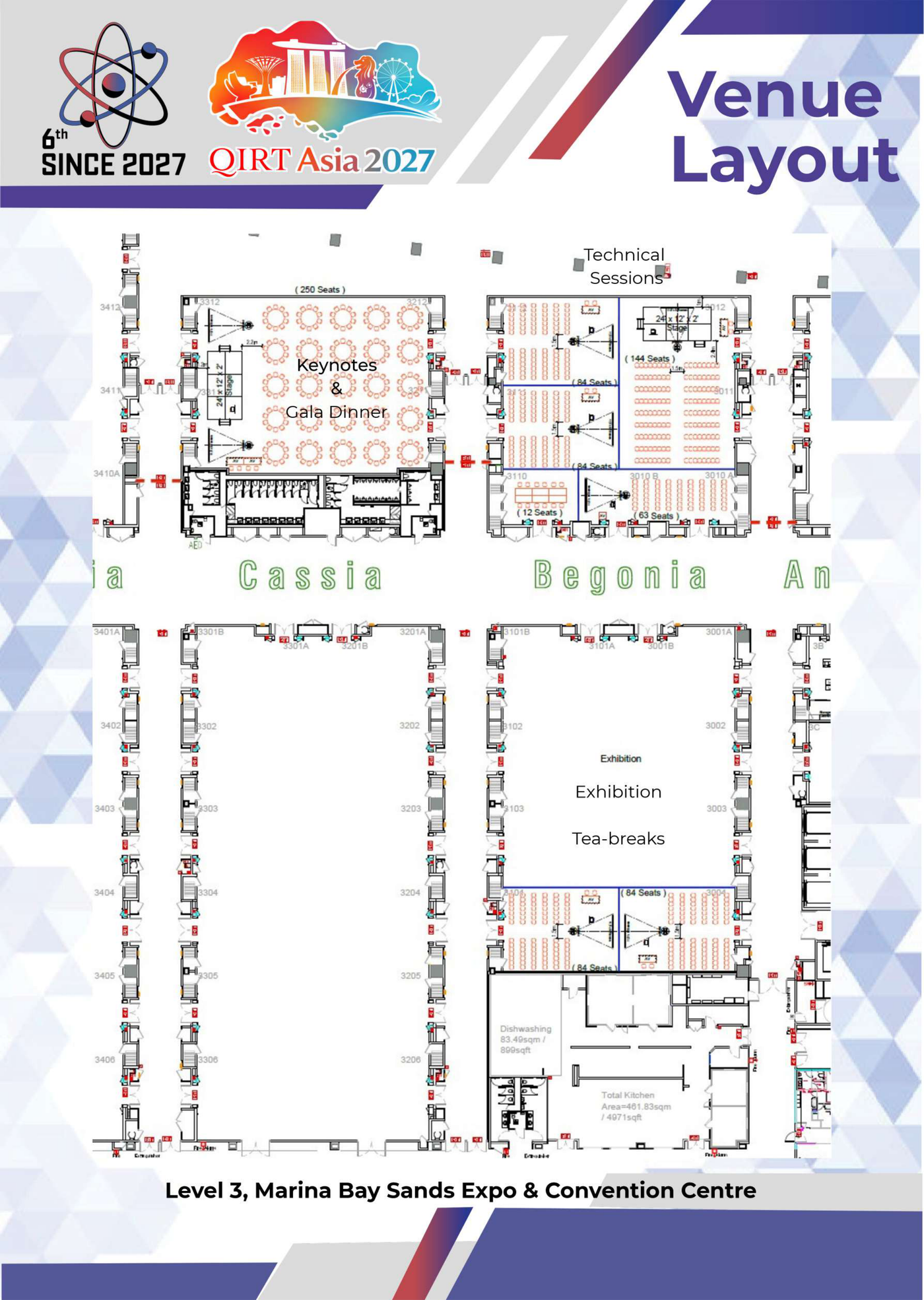 Venue layout showing keynote hall, technical session rooms and exhibition floor