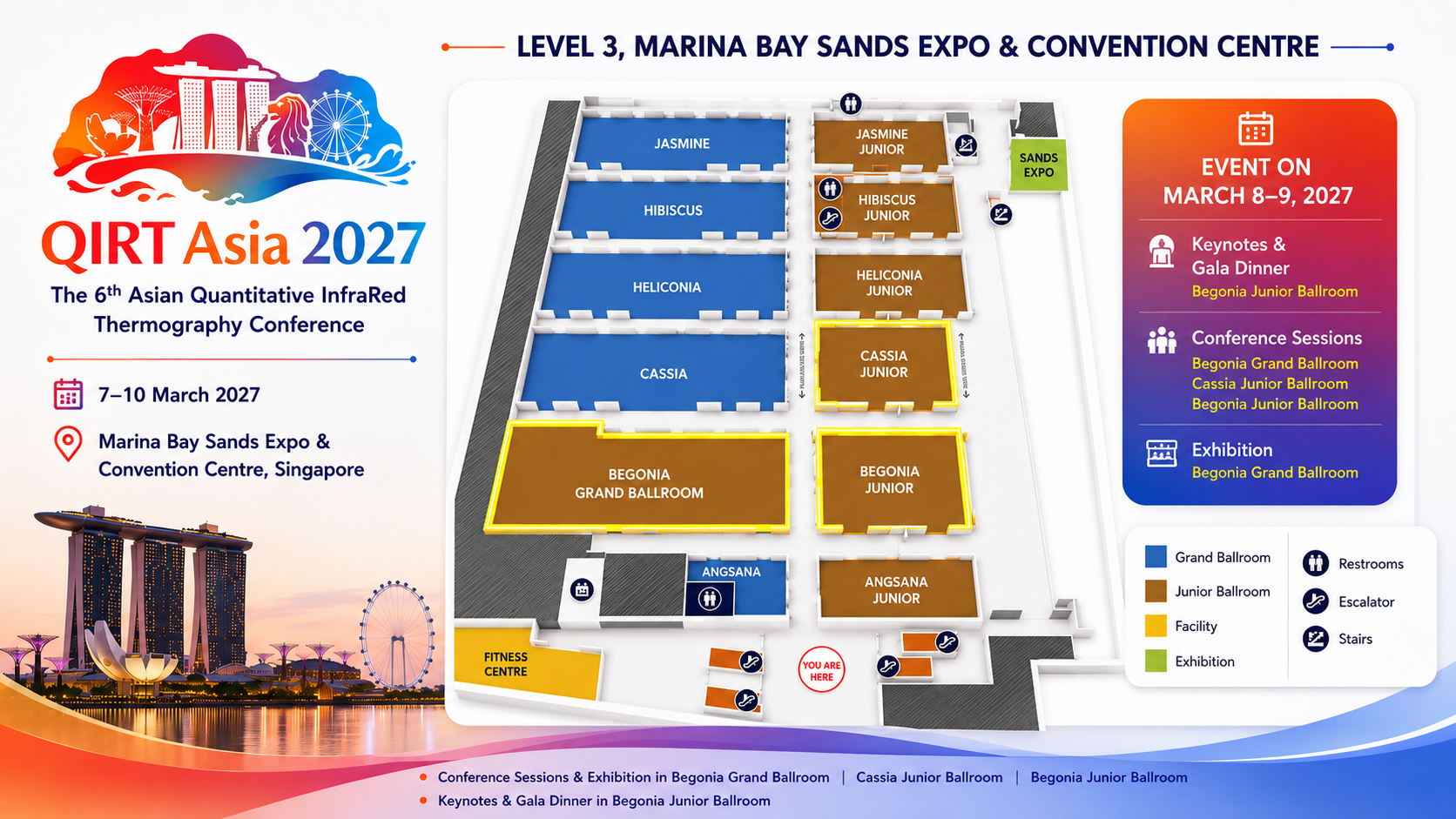 Level 3 floor layout of Marina Bay Sands Expo & Convention Centre, showing the Jasmine, Hibiscus, Heliconia, Cassia, Begonia and Angsana rooms used for QIRT Asia 2027